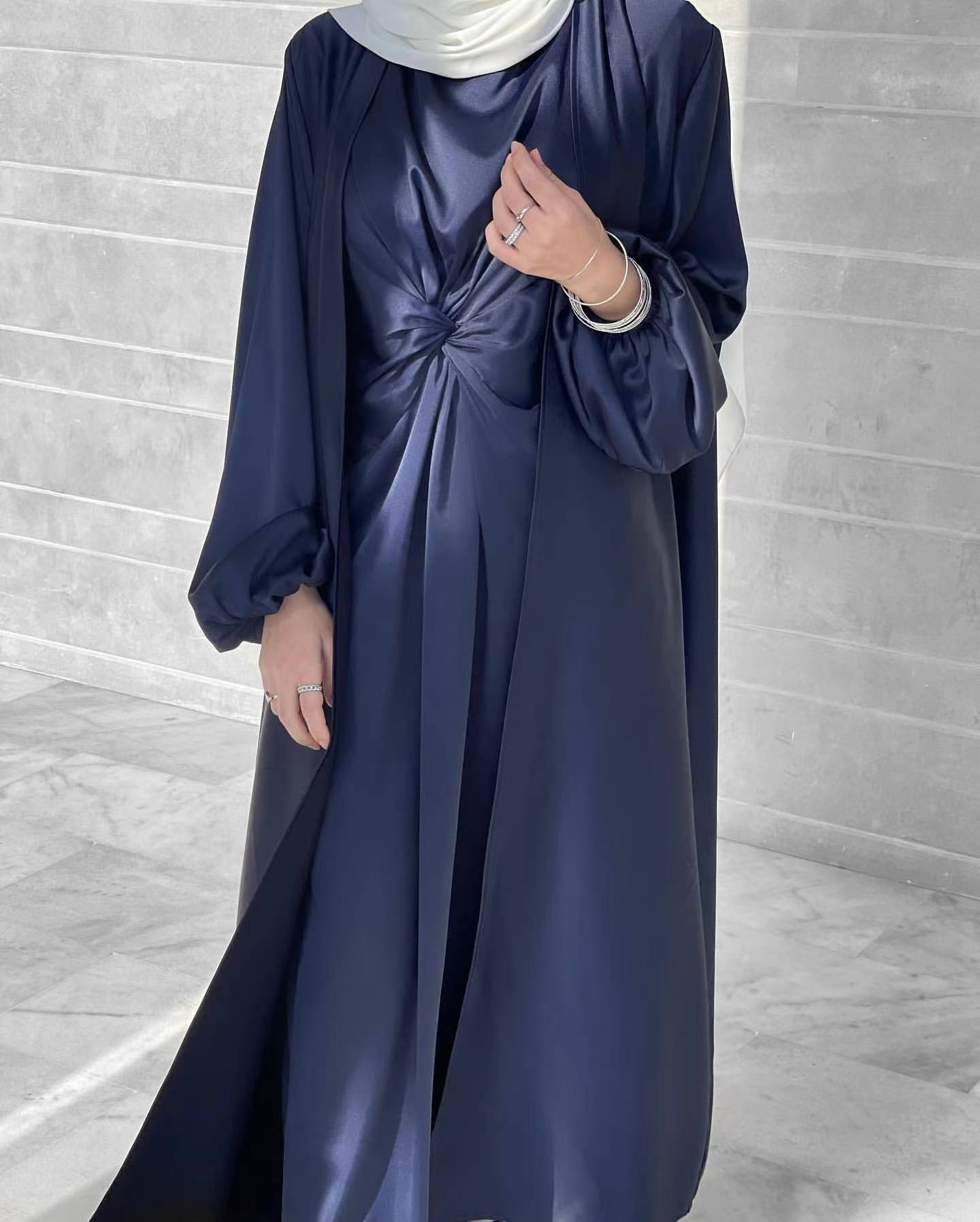 LUMAYA10061 Fashion solid colour two-piece dress cardigan set Abaya