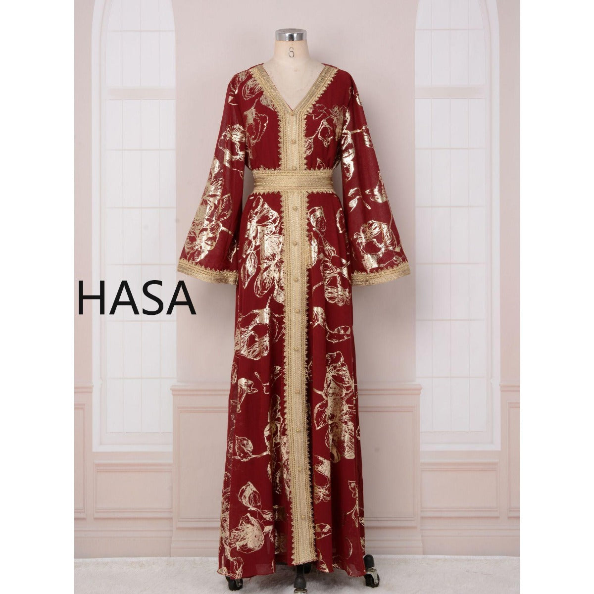 LM1249 Elegant Floral Abaya with Golden Detailing