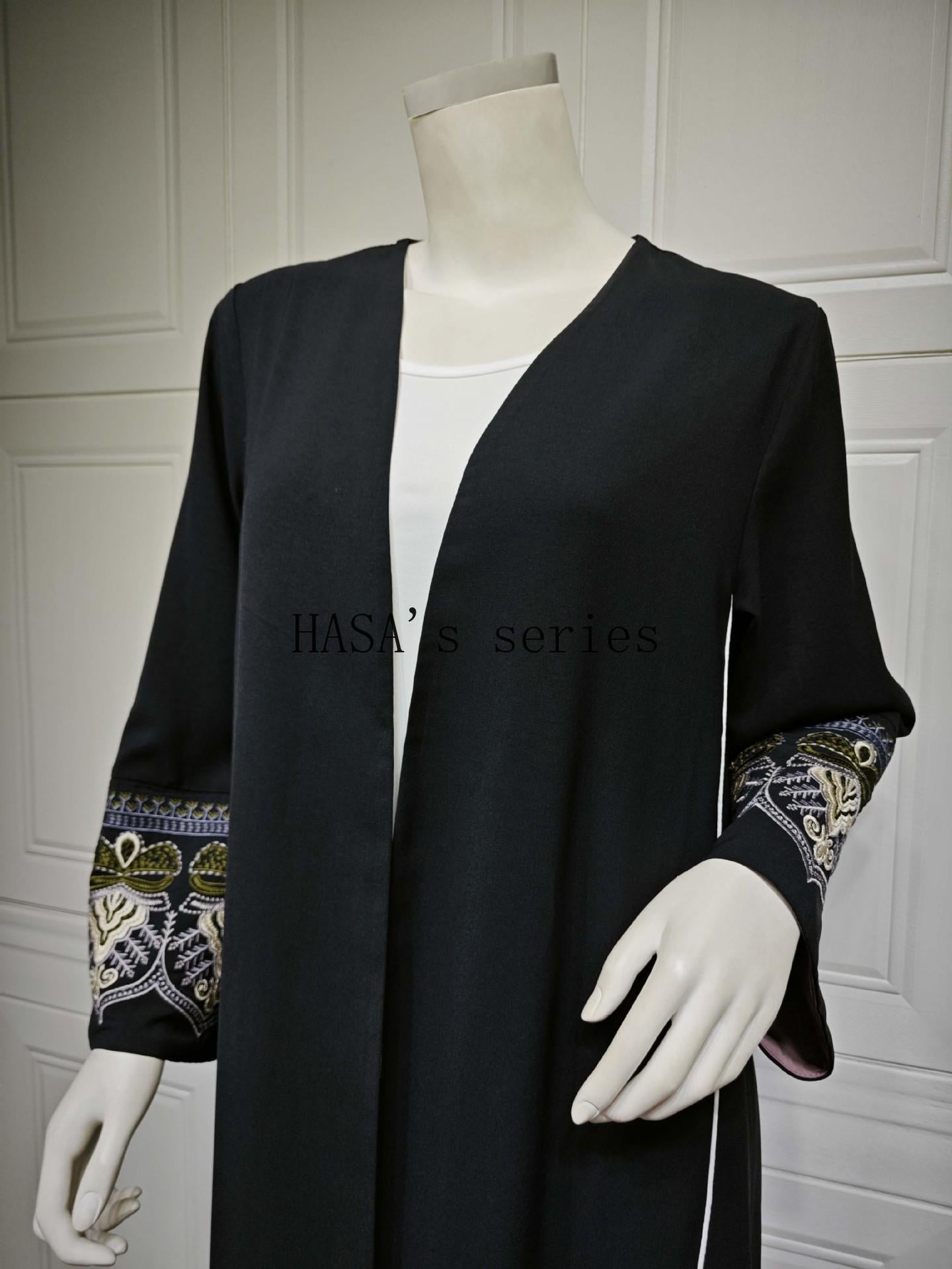 LUMAYA5090 Classic black embroidered patchwork robe, designed as a loose, open-front dress.