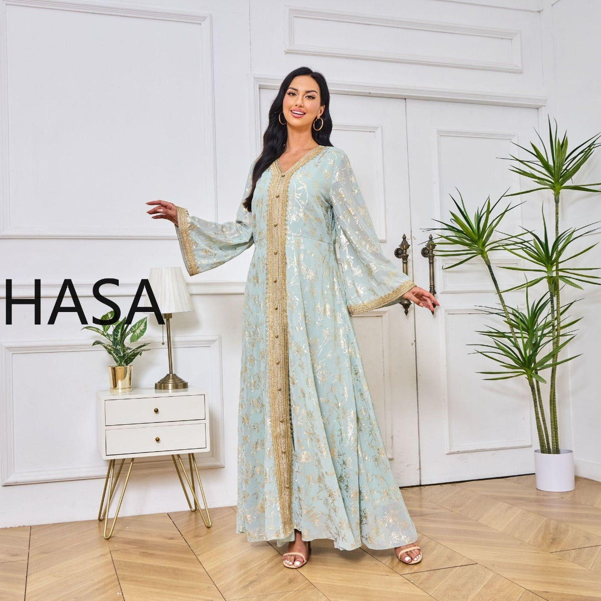 LM1249 Elegant Floral Abaya with Golden Detailing