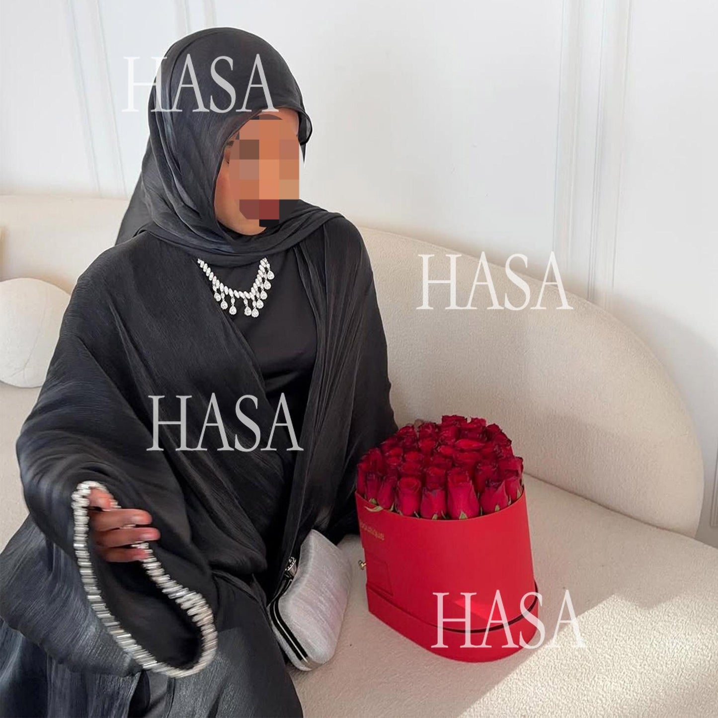 LUMAYA6553  Two-Piece Solid Abaya with Beaded Details and Matching Scarf Option