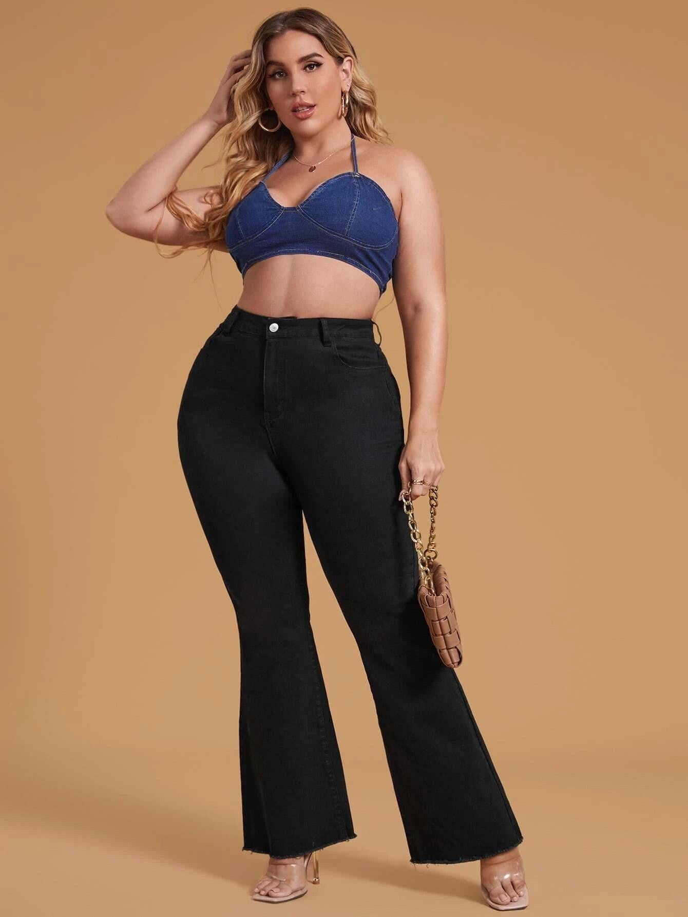 LUMAYA2331 Plus Size Black Stretchy Frayed-hem Wide-leg Flare Jeans