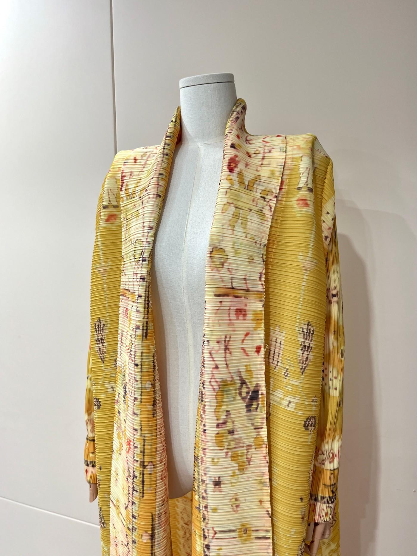 LUMAYA5843 Retro Warm Yellow Floral Textured Open-front Long Coat