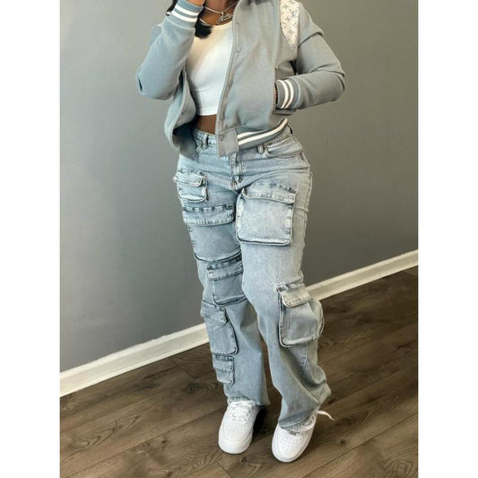 HA1917 Three-dimensional Multi-bag Tooling Style Denim Trousers