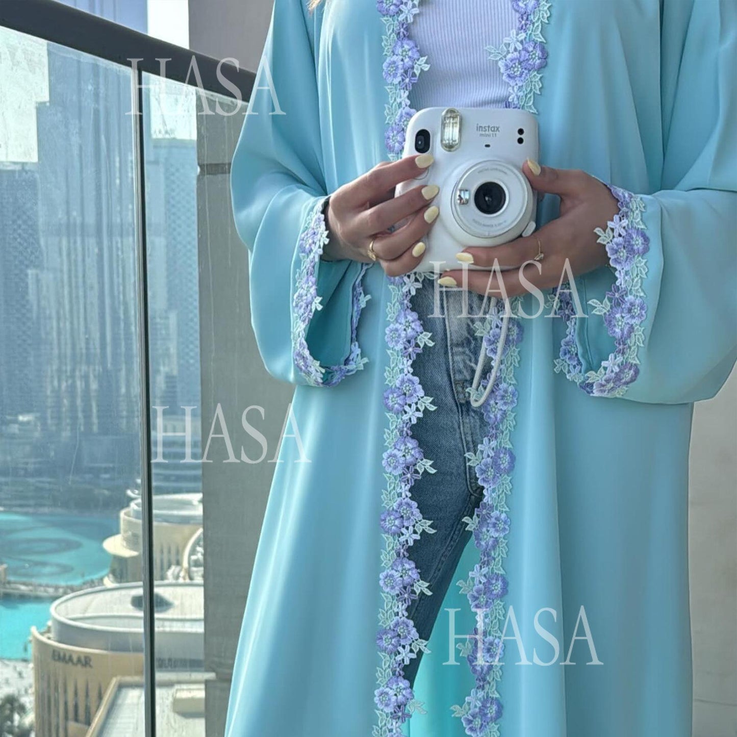 HA6562 Blue Bow Embroidered Abaya Tunic Cardigan
