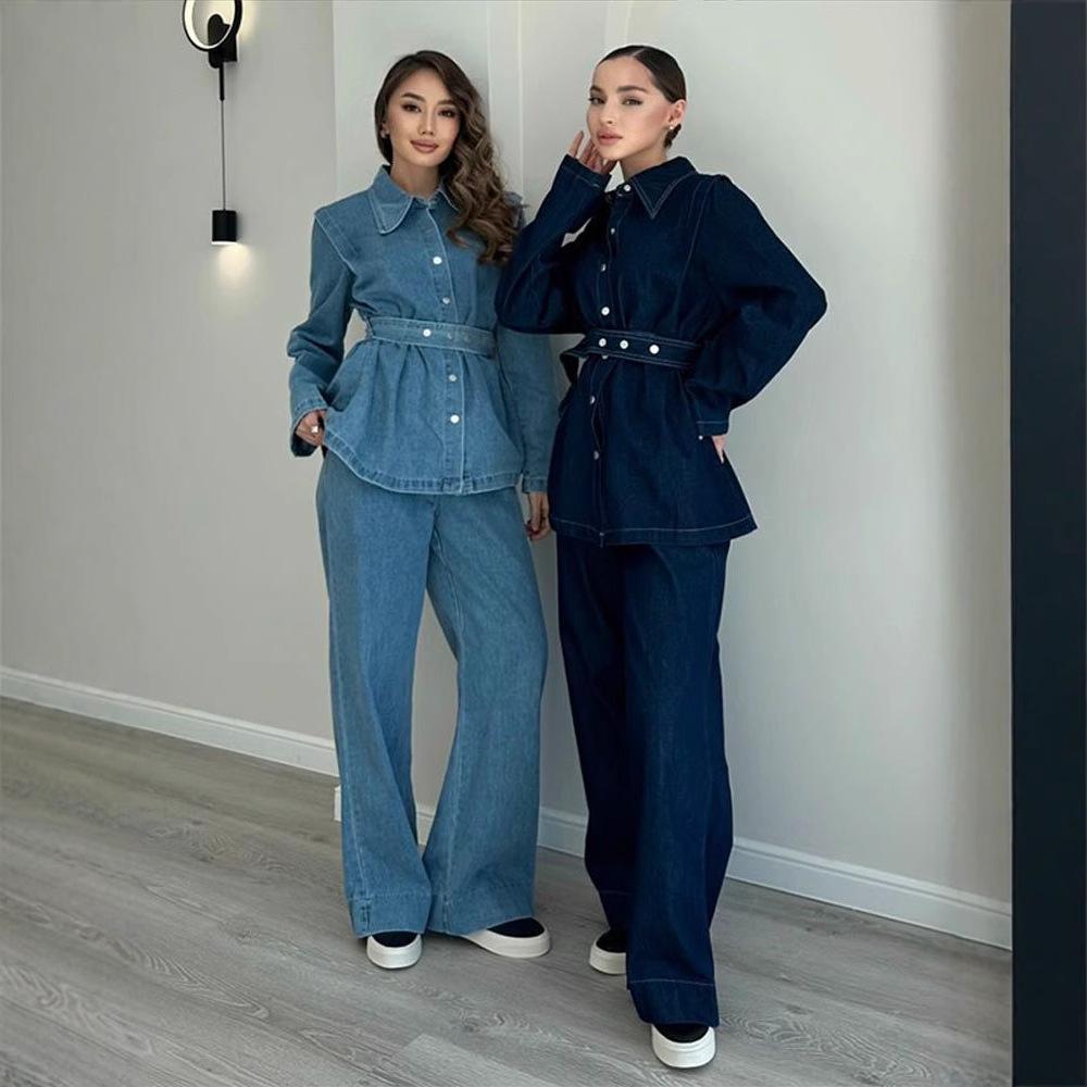 LM5890 Completo in Denim Lavato Primaverile Per Donne Con Cintura, Giacca Monopetto A Maniche Lunghe E Pantaloni A Vita Alta