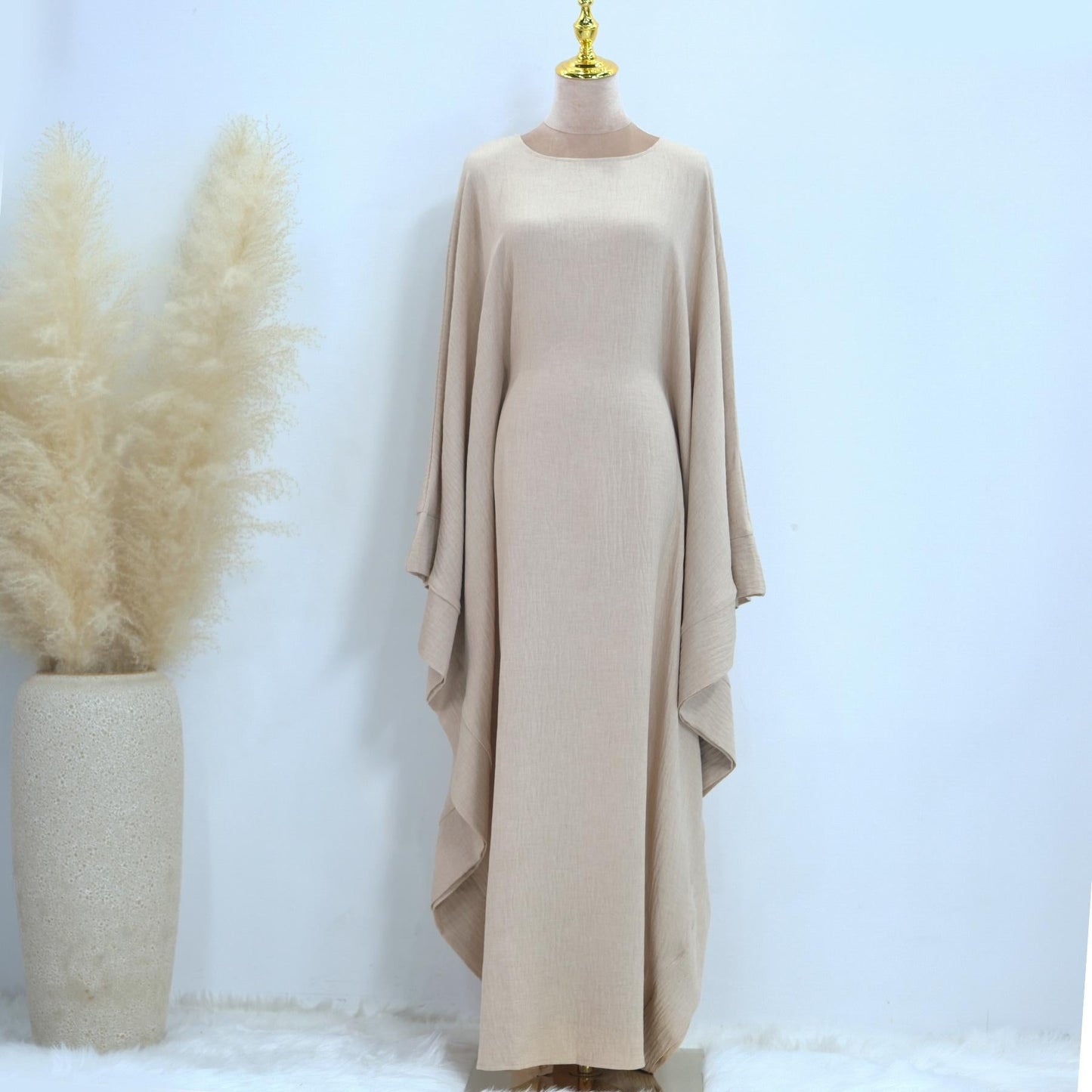 LUMAYA LM1177 Waist Raging Bat Sleeves Dress Crepe Kaftan with Built-in Belt