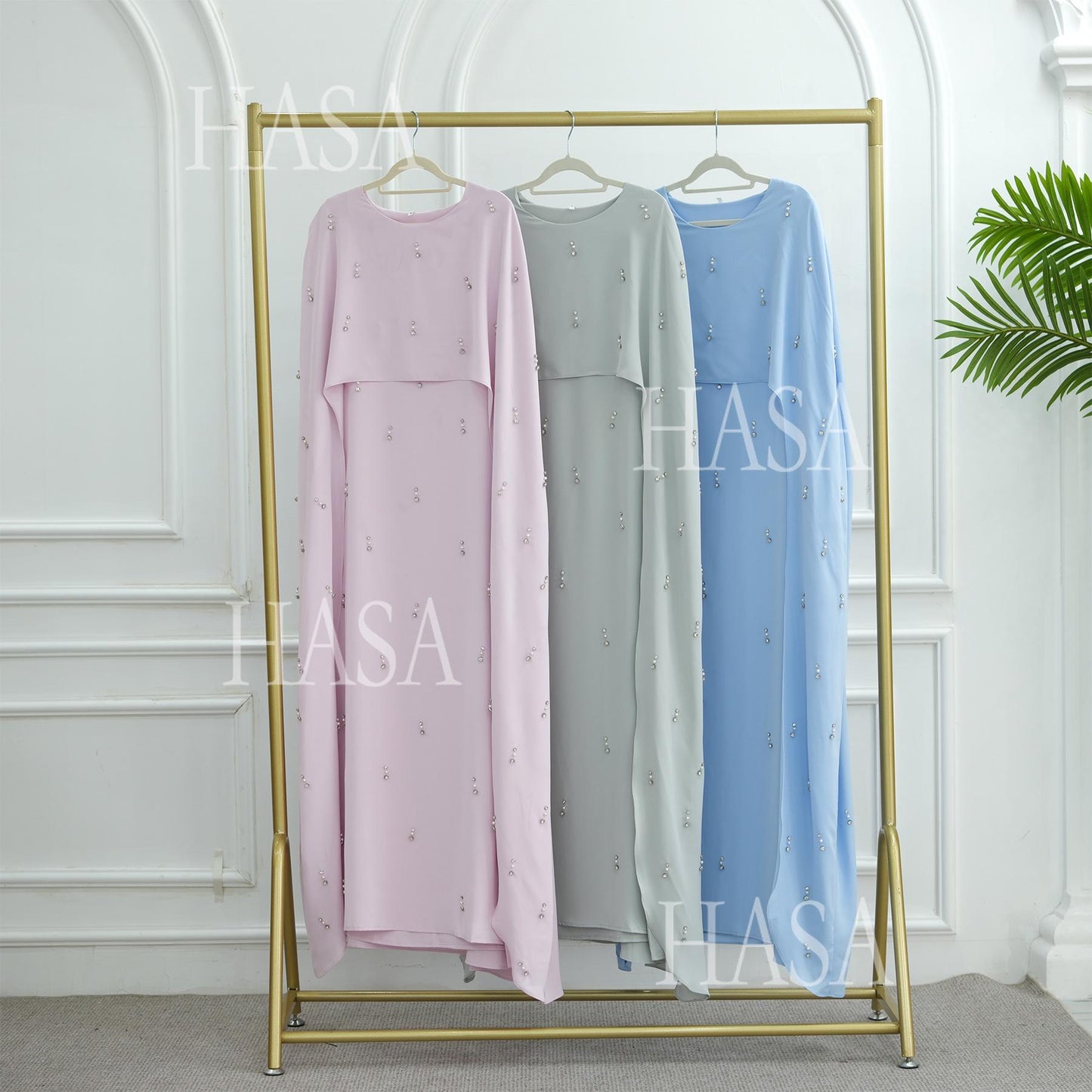 HA6505 Solid color beaded long dress with fake two-piece design