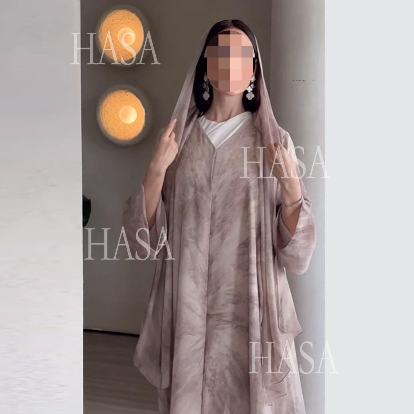 LUMAYA6551 Printed Abaya Cardigan with Matching Scarf Two-Piece Set