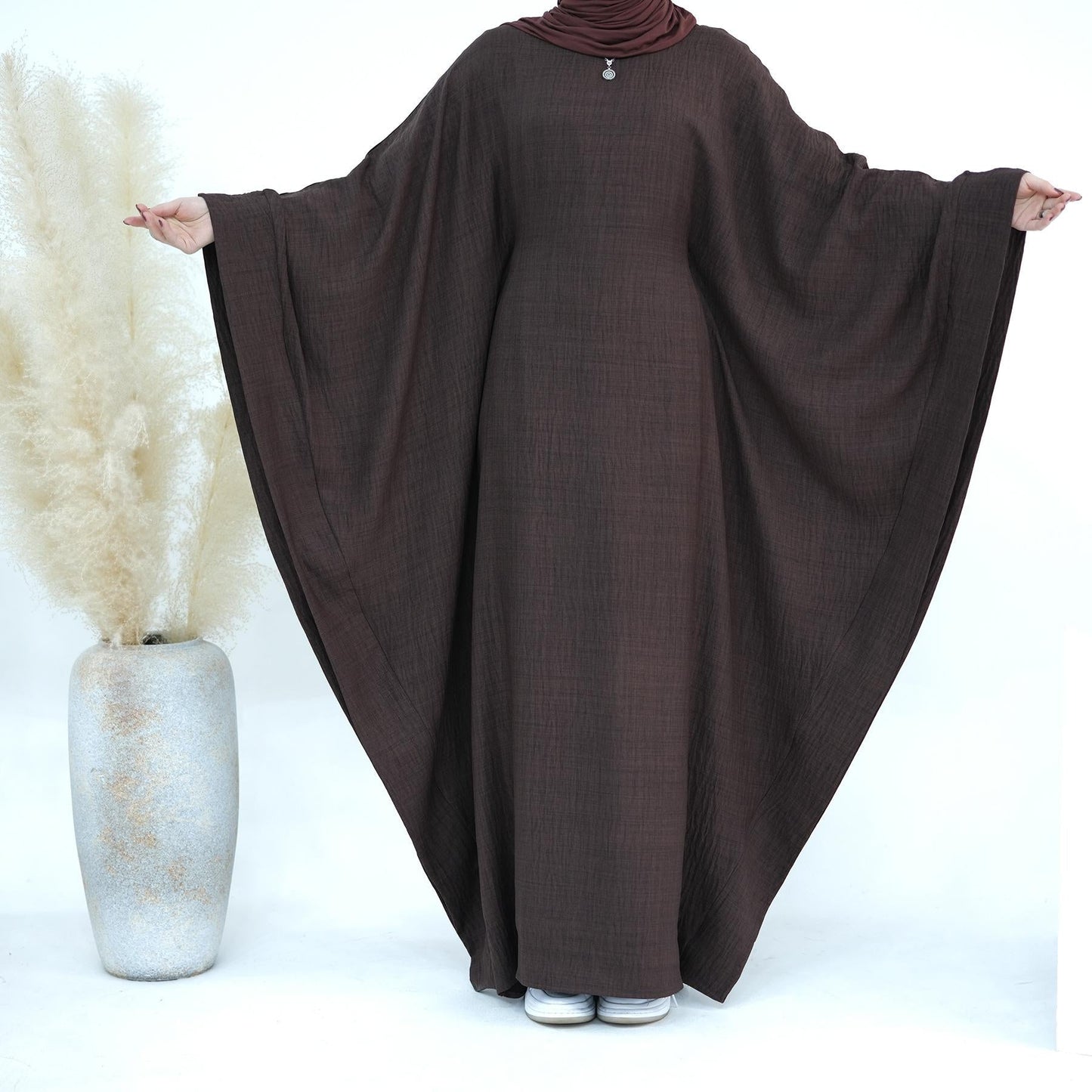 LUMAYA LM1177 Waist Raging Bat Sleeves Dress Crepe Kaftan with Built-in Belt