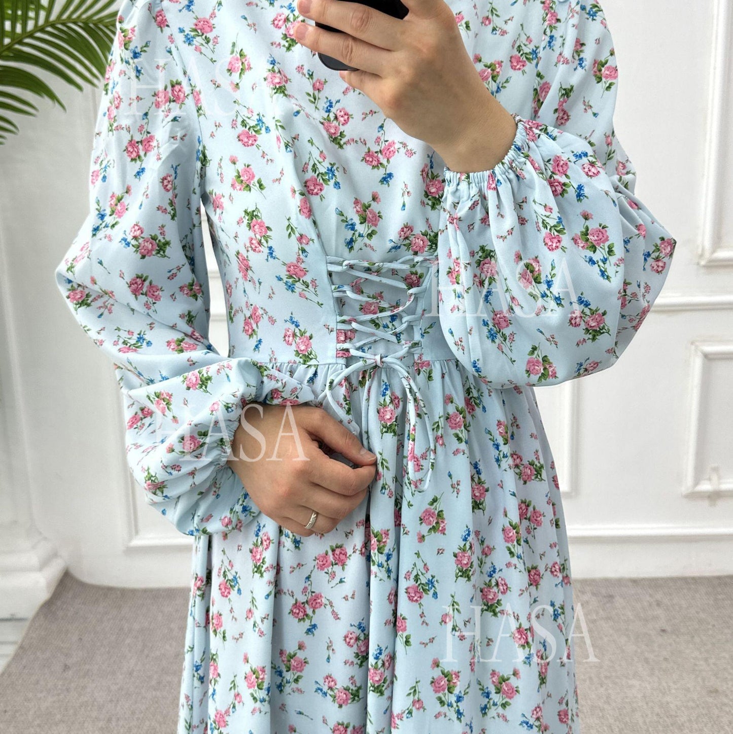 LUMAYA6489 Long-sleeved Floral Maxi Dress with Natural Waist