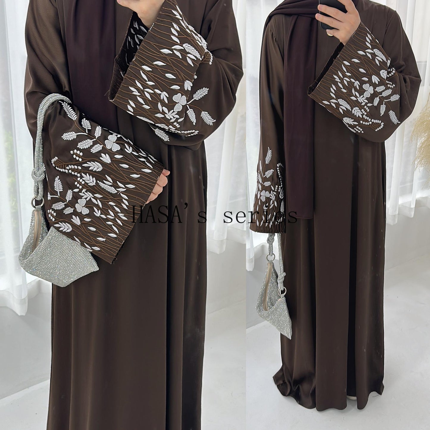 LUMAYA4832 A Long Robe with Leaf-patterned Embroidery, Showcasing Subtle Yet Exquisite Texture.