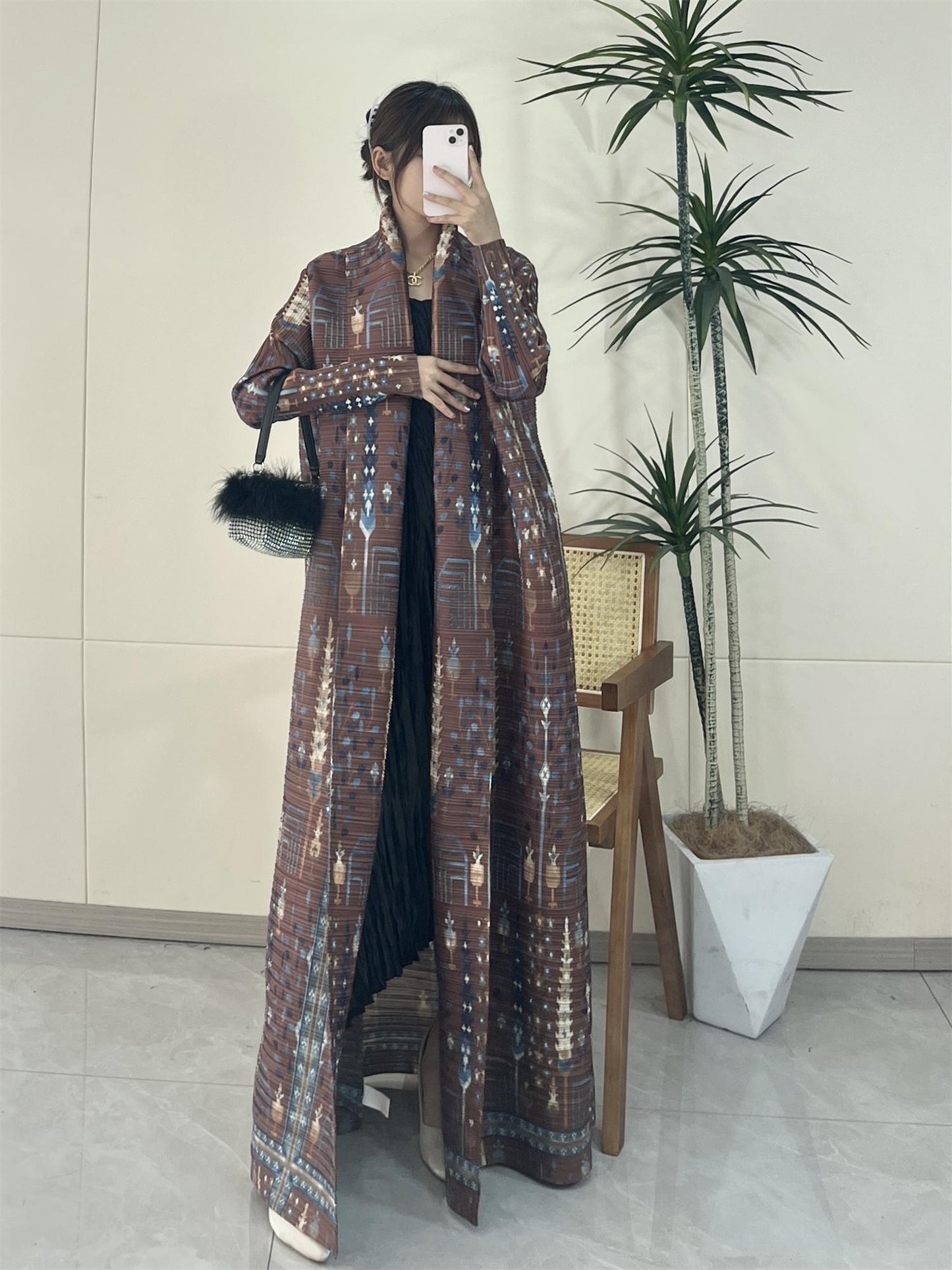 LUMAYA5848 Retro Brown Textured Open-front Long Coat