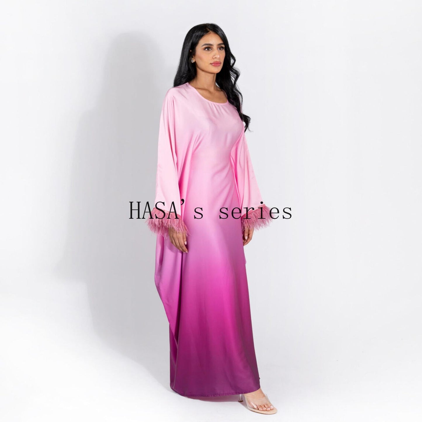 LUMAYA5111 Gradient-colored Fringed Long Dress, Romantic Dress with Batwing Sleeves.