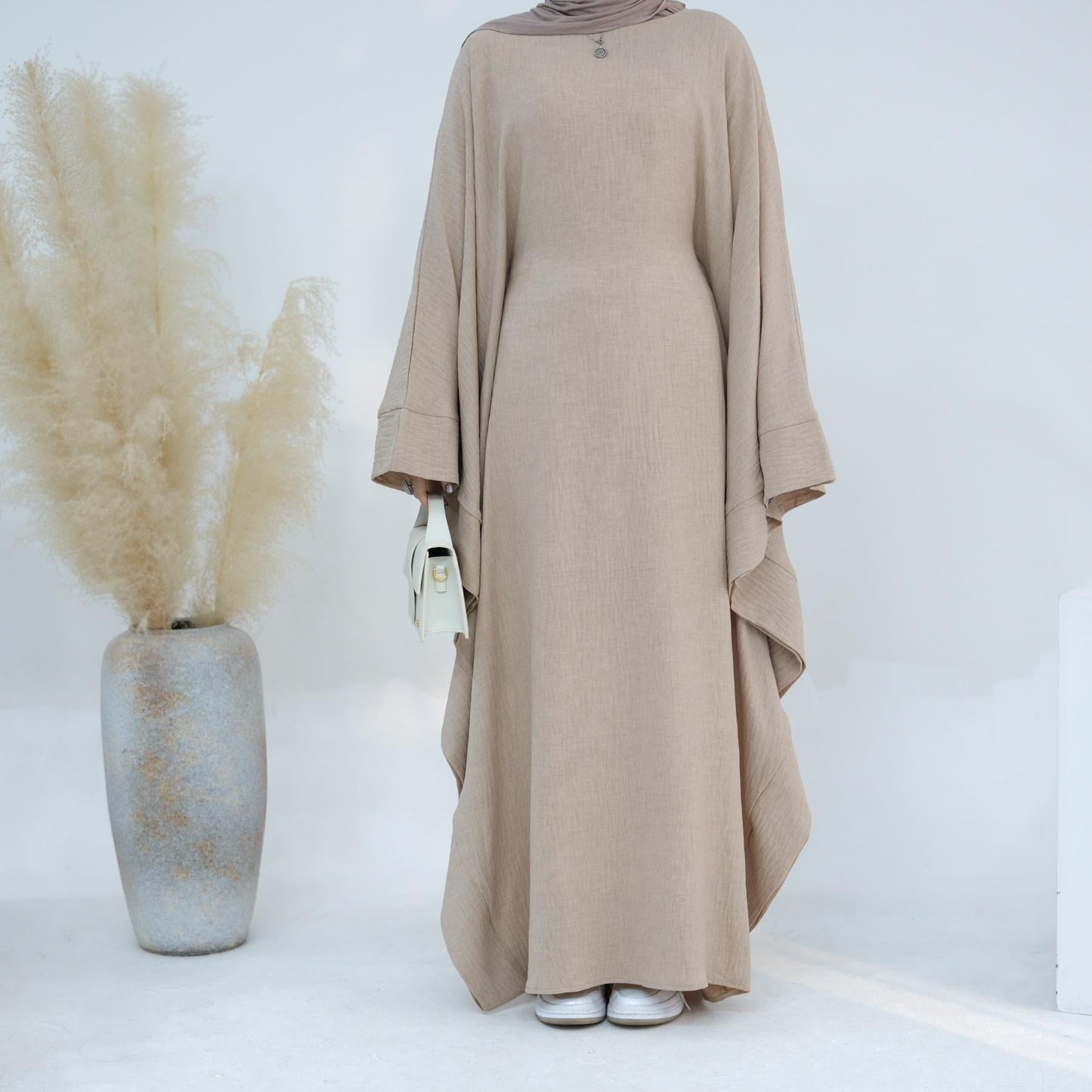 LUMAYA LM1177 Waist Raging Bat Sleeves Dress Crepe Kaftan with Built-in Belt