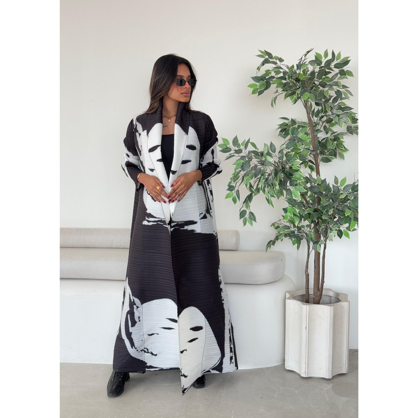 LUMAYA6726  White Abstract Belted Abaya with Artistic Prints