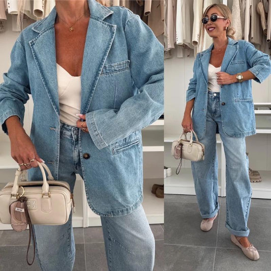 LM6181 Fashionable Casual Loose Washed Blue Denim Women's Blazer