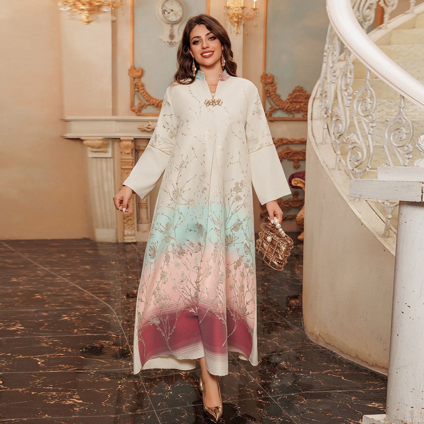 LM6645 Jacquard Embroidered Gradient Robe with Elegant Layered Design