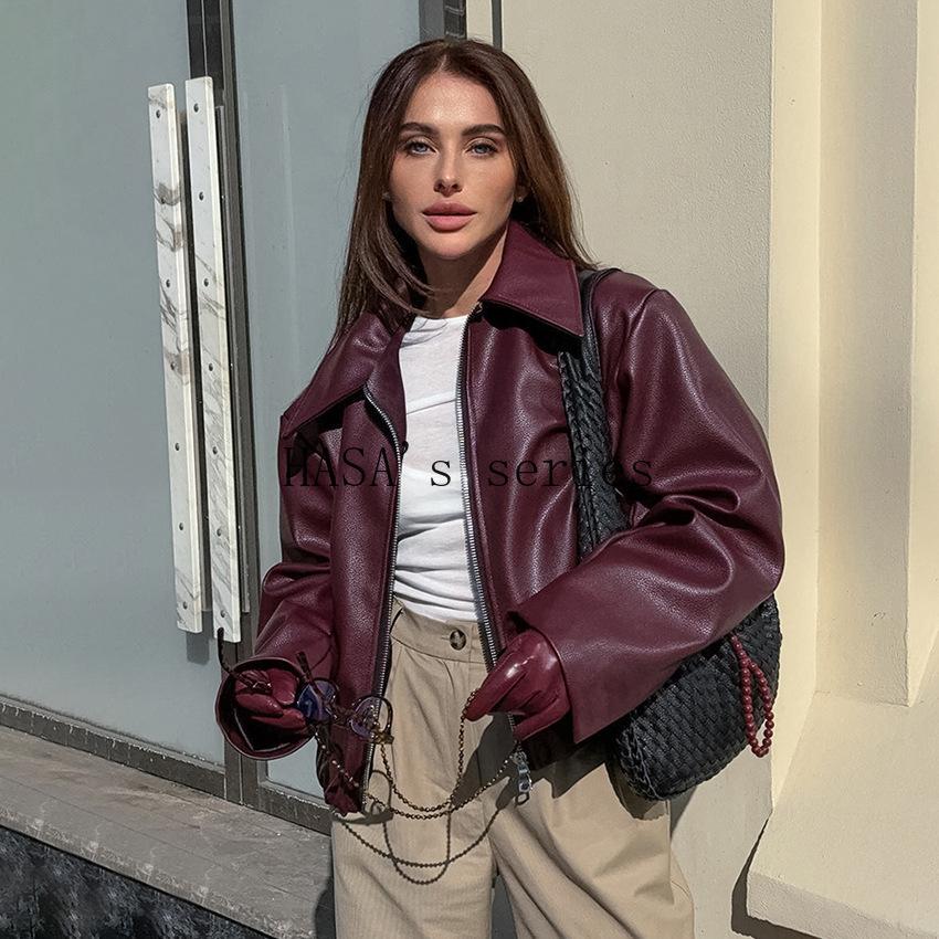 LUMAYA5775 This Classic, Minimalist Leather Short Jacket Is Stylish and Versatile, Perfect for Spring.