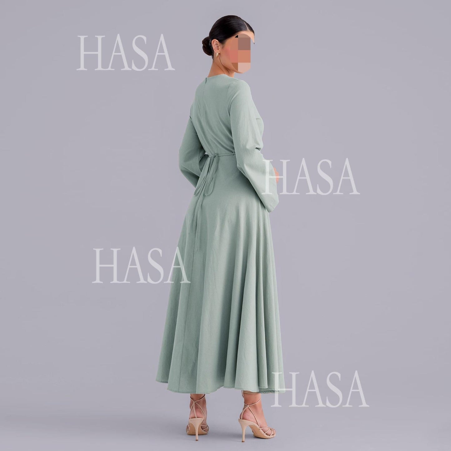 LUMAYA6494 Simple Solid Color Linen Bamboo Dress | Lace-Up Design