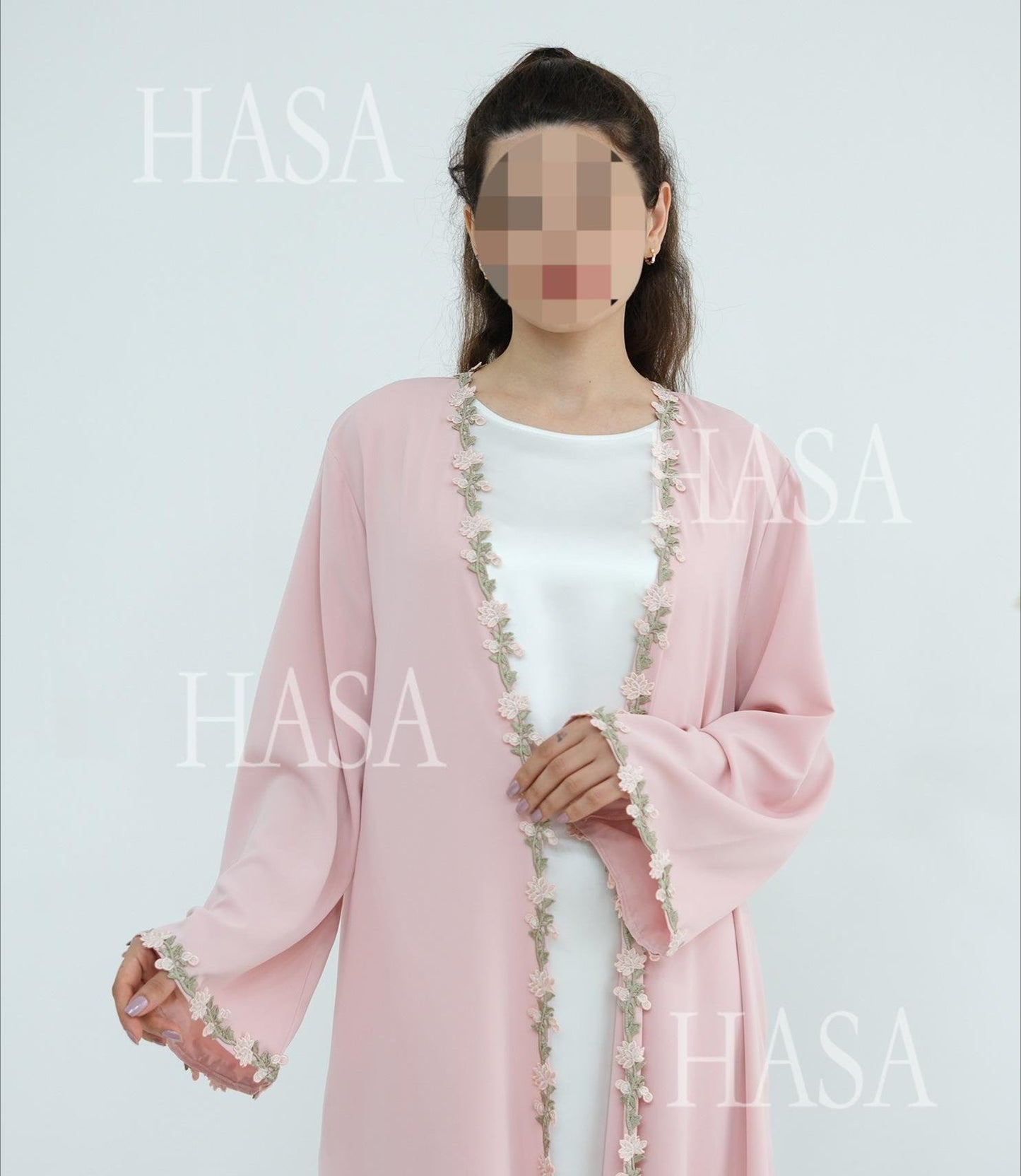 LM6618 Pink Flower Stitching Cardigan Two-Piece Set (Including Headscarf)