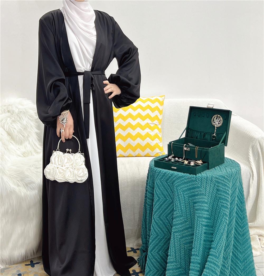 LUMAYA0481 Solid Color Satin Coat Robe Open Abaya
