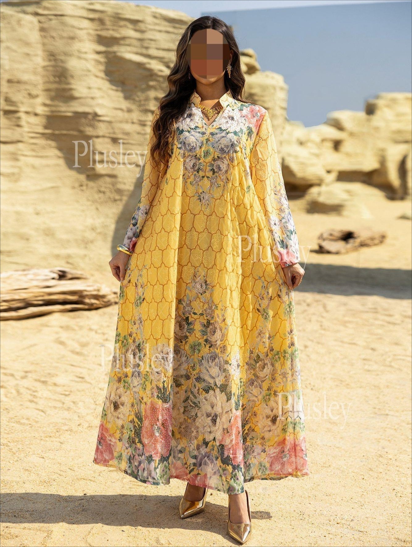 LM6636 Floral Print Embroidered Long Dress