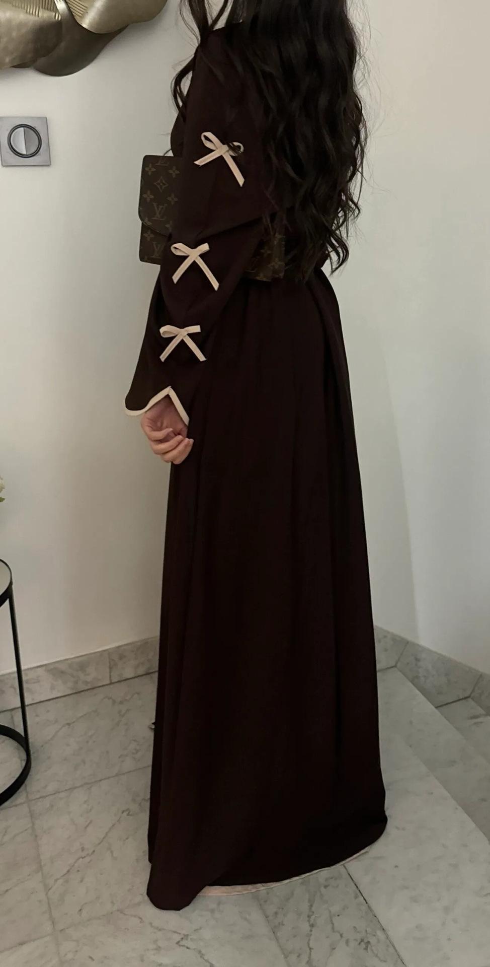 LUMAYA5883  A Two-piece Robe and Skirt Set with A Soft Bow and A Belt Design open abaya outfit
