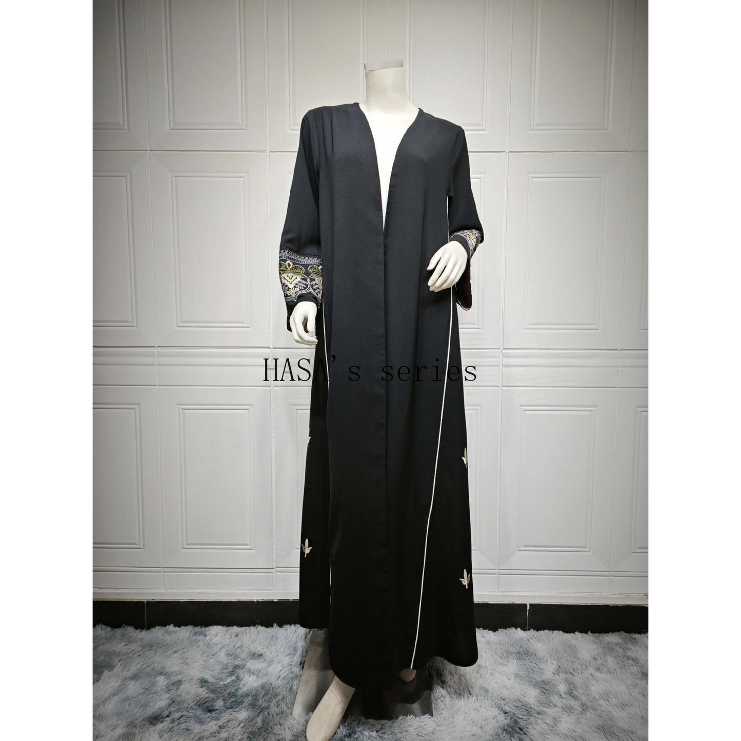 LUMAYA5090 Classic black embroidered patchwork robe, designed as a loose, open-front dress.