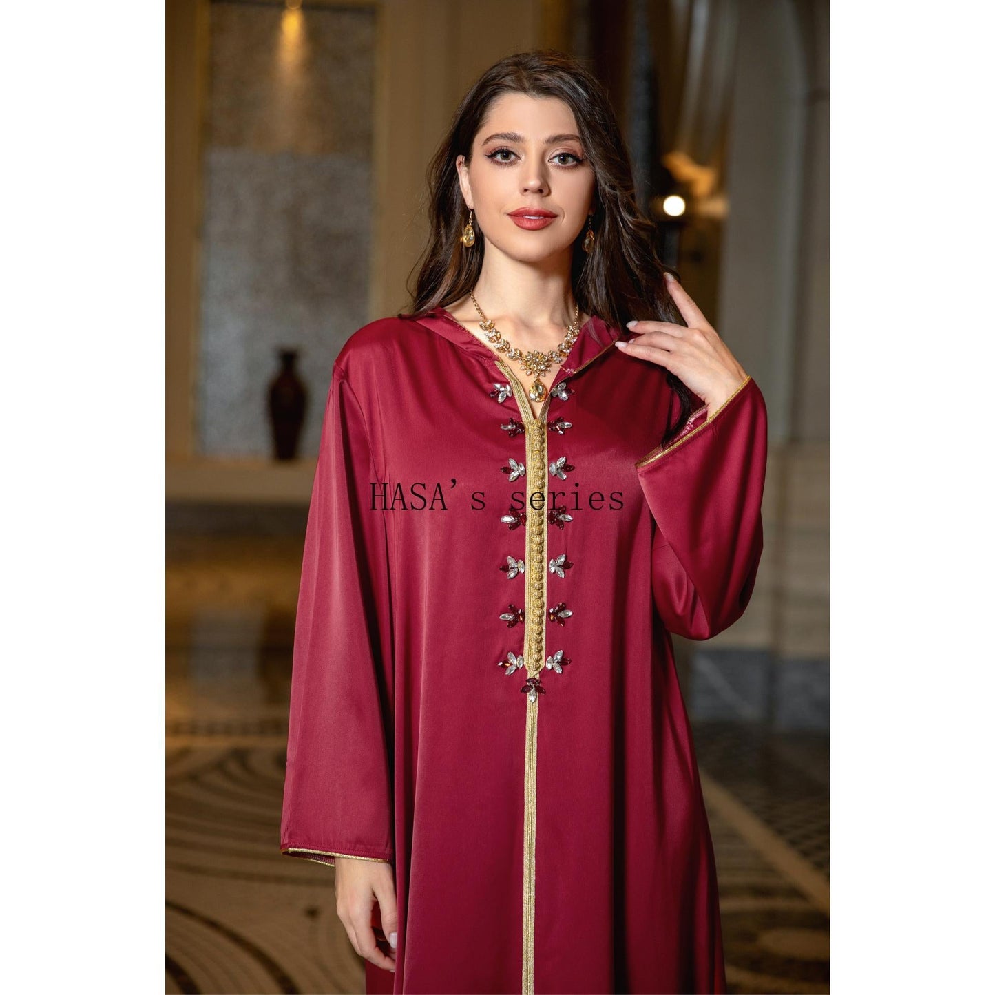 LMSA's Series  LM1231 Jeweled Ribbon Satin Home Dress Abaya
