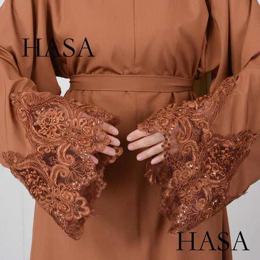 LUMAYA LM0303 3D Embroidery Sleeves with Two Sides Pocket and Nursing Zippers Solid Abaya