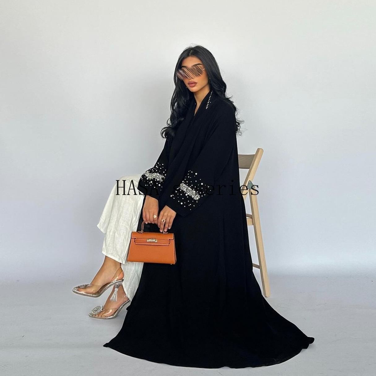 LUMAYA5097 Elegant Black Rhinestone-embellished Gown, Two-piece Beaded Set with Headscarf.