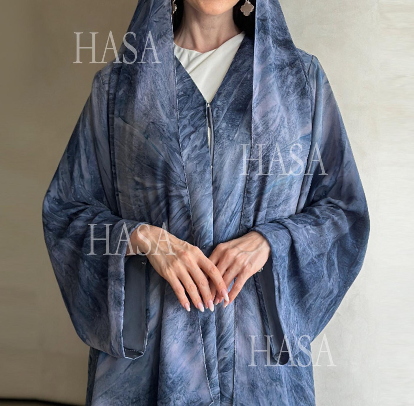 LUMAYA6551 Printed Abaya Cardigan with Matching Scarf Two-Piece Set