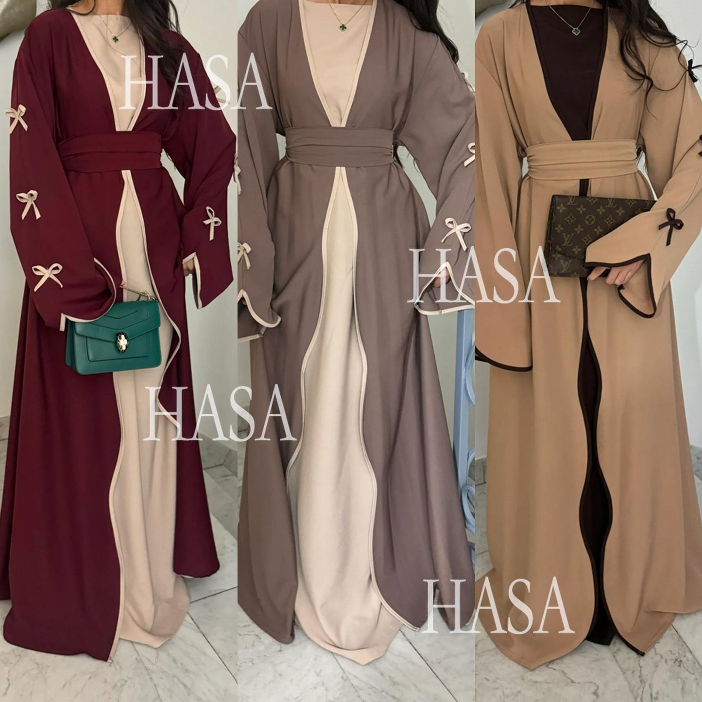LUMAYA5883  A Two-piece Robe and Skirt Set with A Soft Bow and A Belt Design open abaya outfit