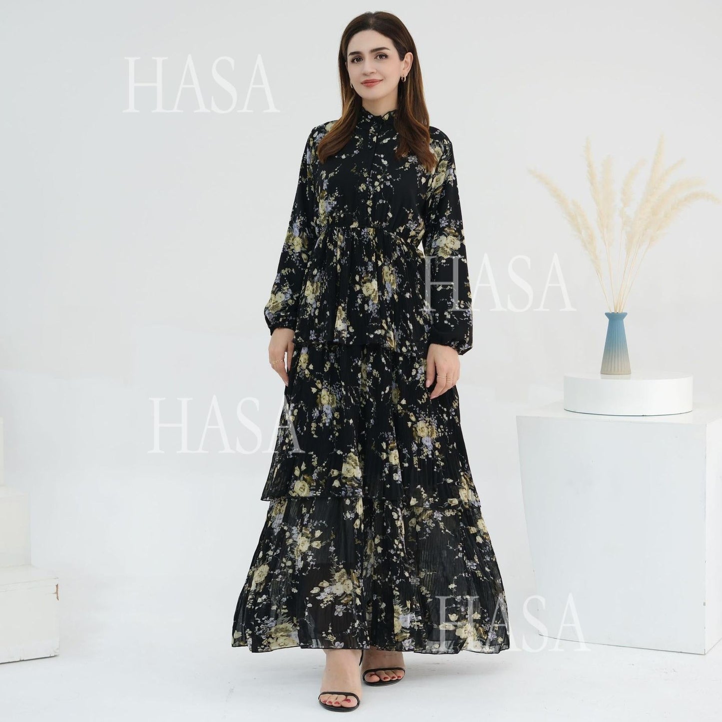 LUMAYA6500  Romantic Layered Print Long Dress