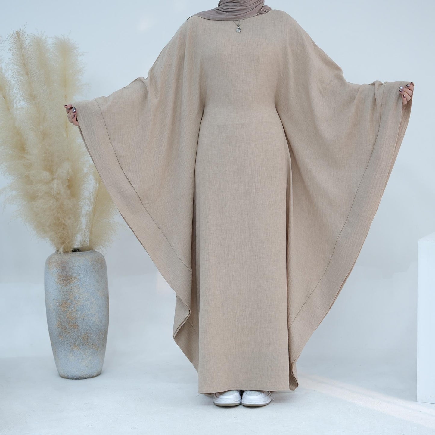 LUMAYA LM1177 Waist Raging Bat Sleeves Dress Crepe Kaftan with Built-in Belt
