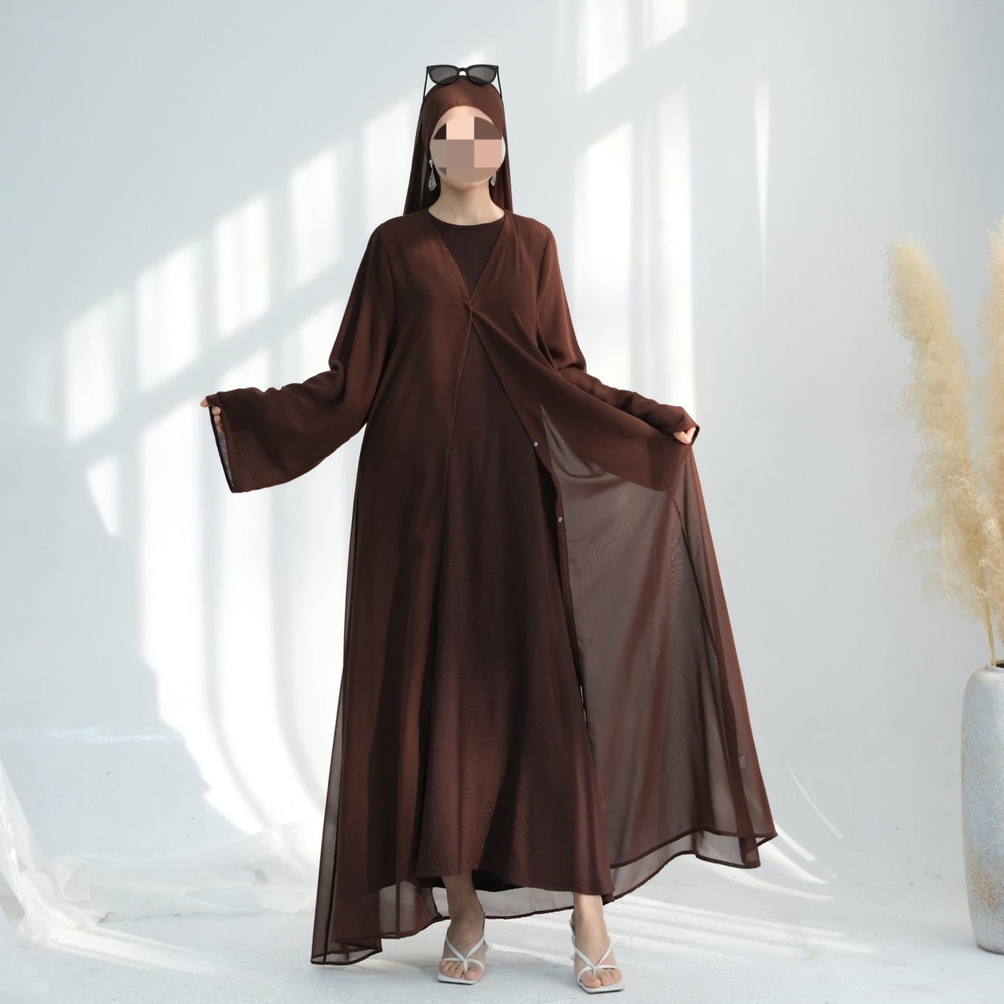 LUMAYA6513 Double-layered sleeve chiffon cardigan two-piece robe abaya (headscarf not included)