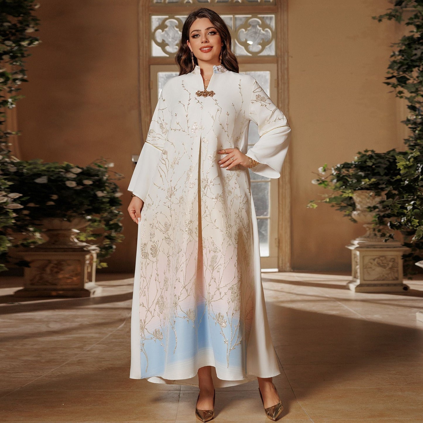 LM6645 Jacquard Embroidered Gradient Robe with Elegant Layered Design