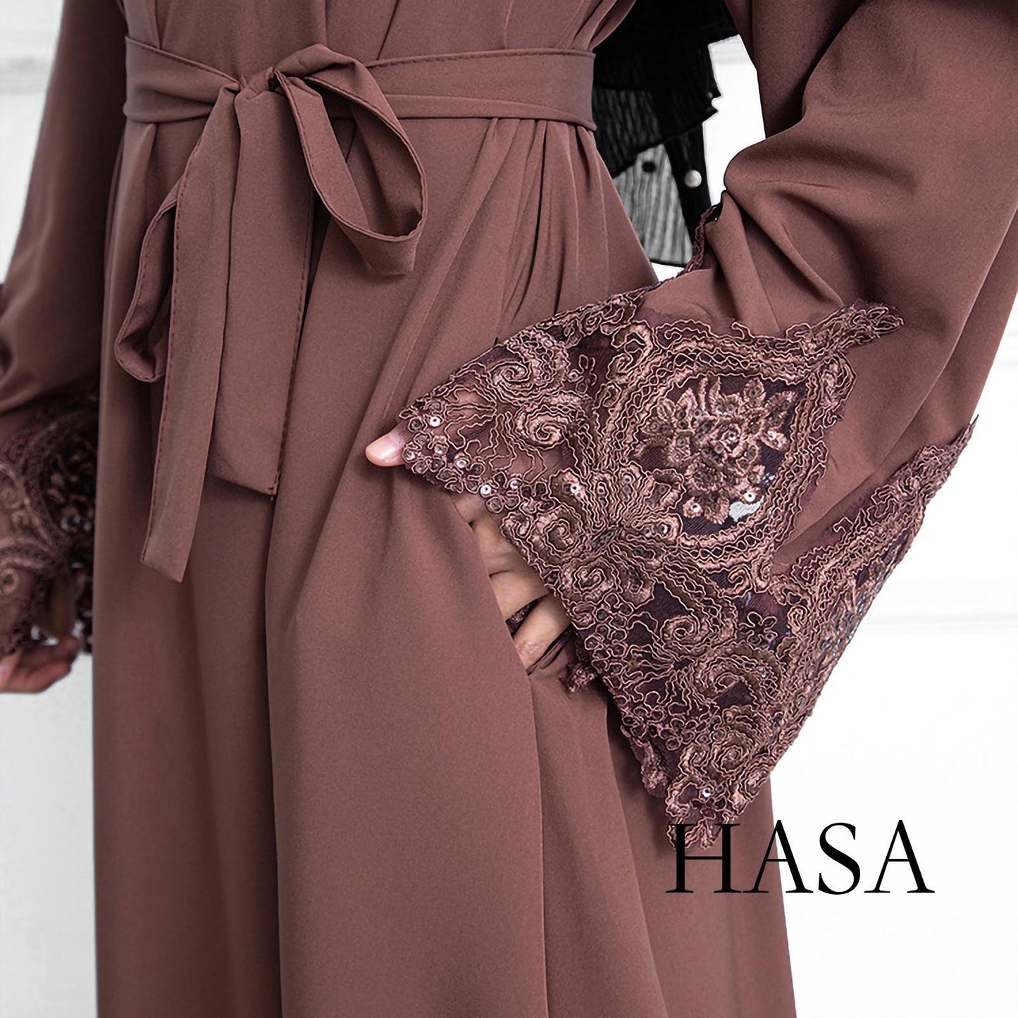 LUMAYA LM0303 3D Embroidery Sleeves with Two Sides Pocket and Nursing Zippers Solid Abaya