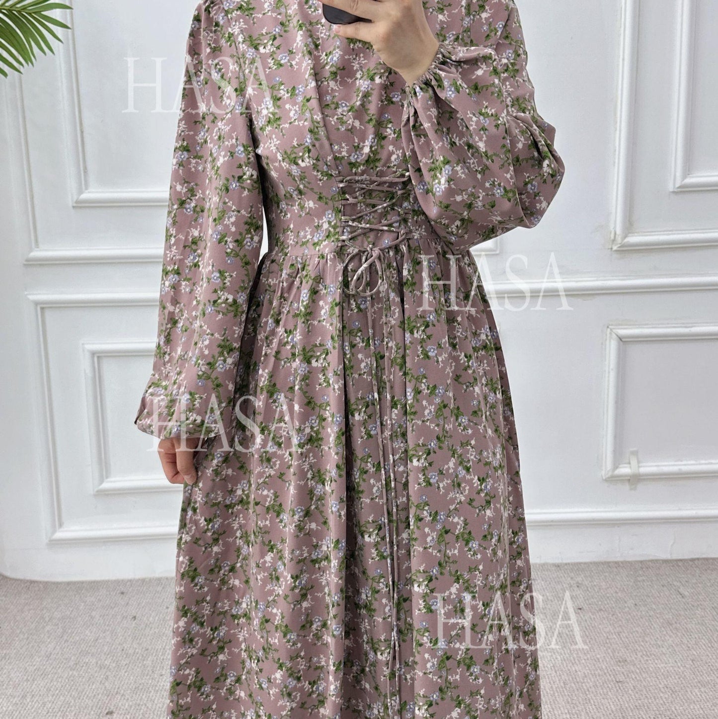 LUMAYA6489 Long-sleeved Floral Maxi Dress with Natural Waist