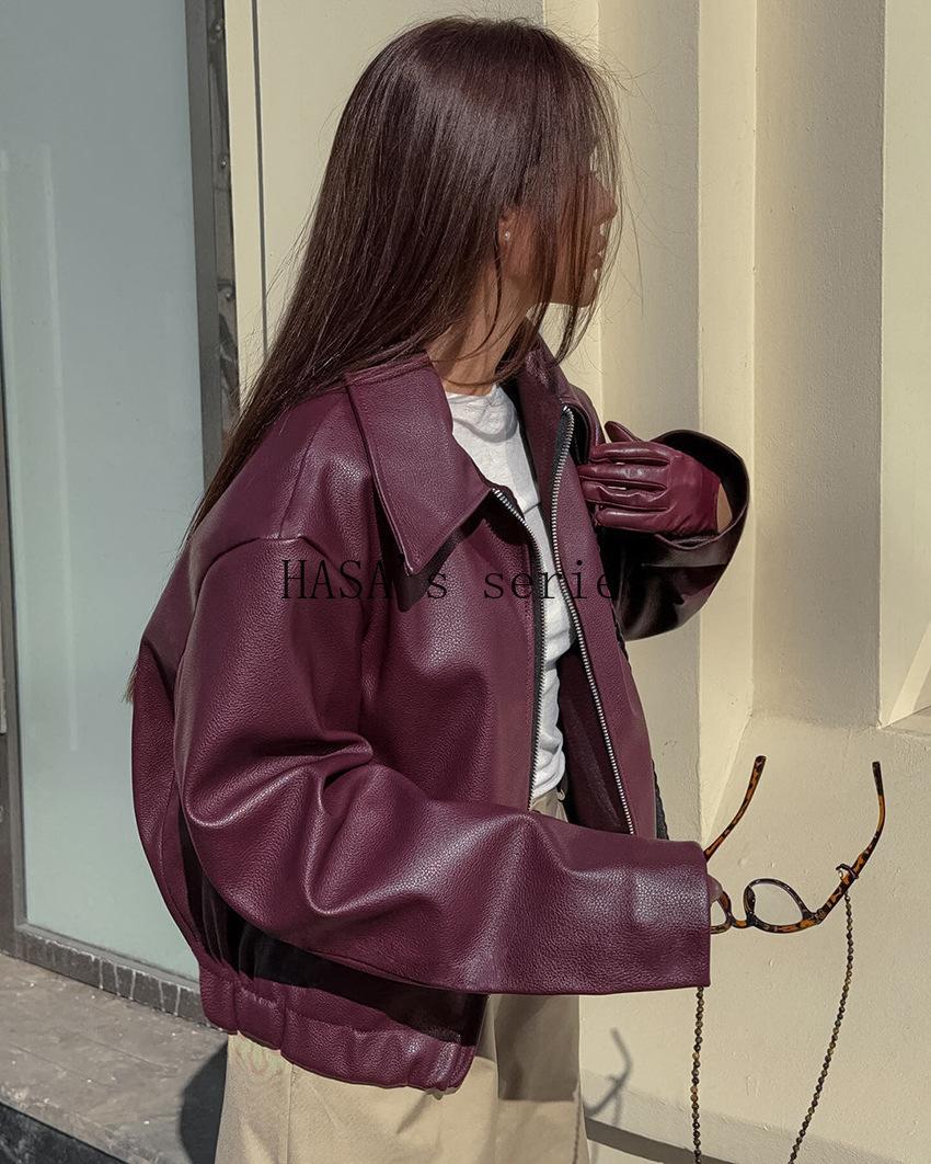 LUMAYA5775 This Classic, Minimalist Leather Short Jacket Is Stylish and Versatile, Perfect for Spring.
