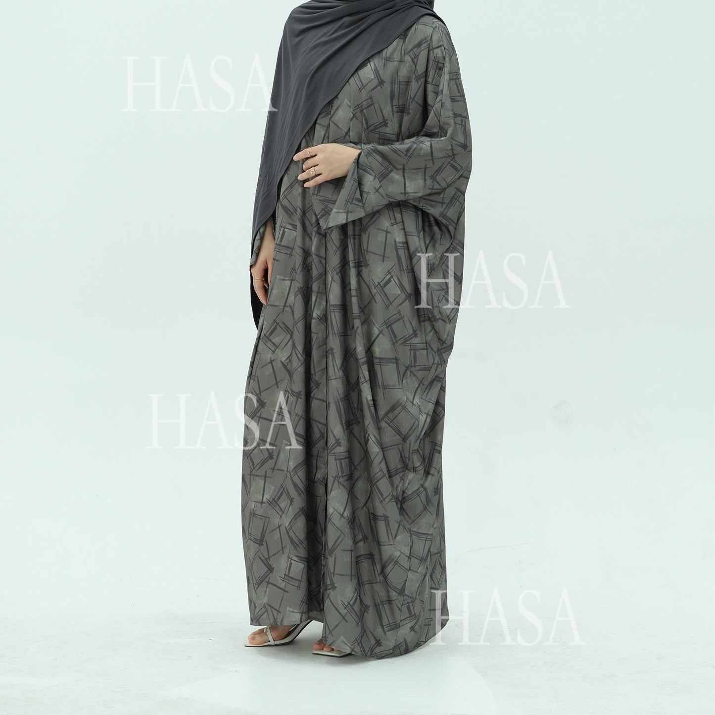 LUMAYA6504 Grey geometric print long cardigan Abaya (headscarf not included)