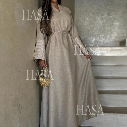LUMAYA6490 Embroidered Panel Sleeve Long Dress