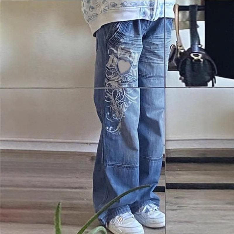 LUMAYA6382 Street Style Women's Clothing Irregular Printing Loose Trousers Low Waist Folds Washed for Old Multi-colored Jeans