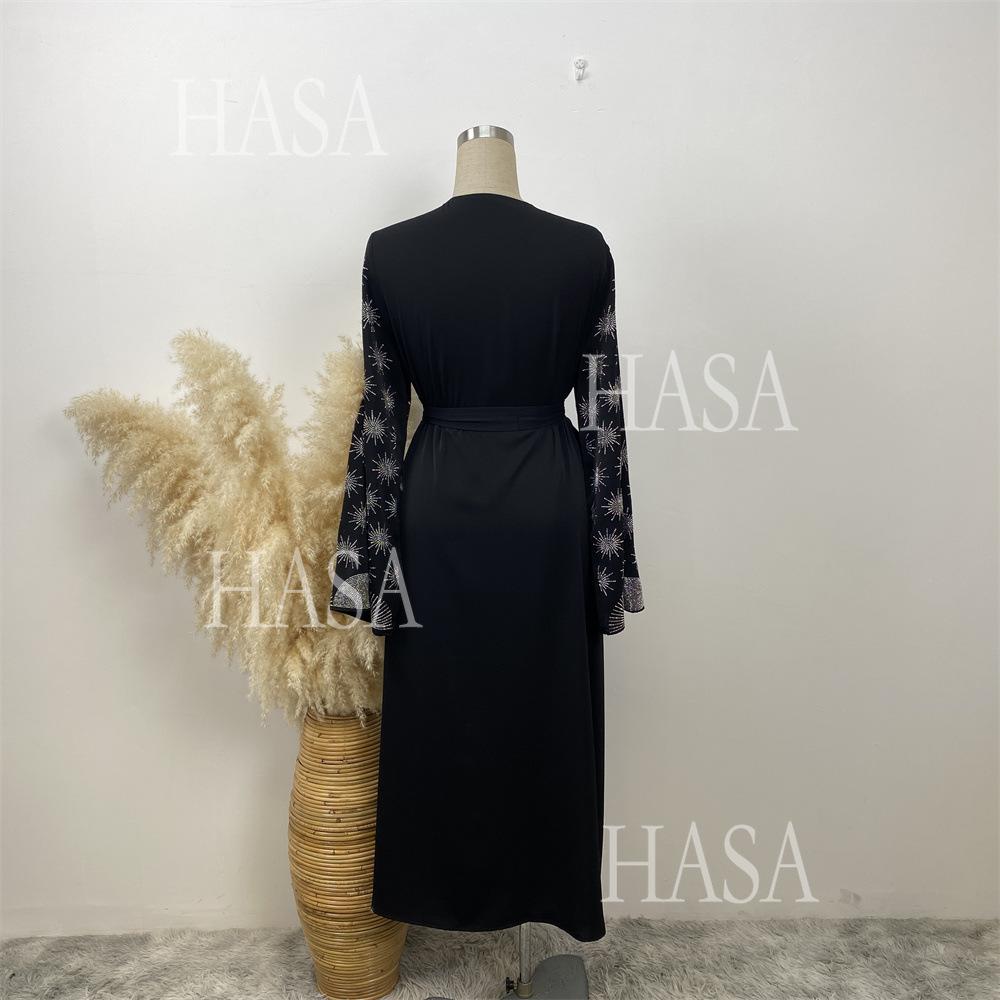 LM6588 Black Cardigan Dress with Rhinestone Embellishment and Pockets