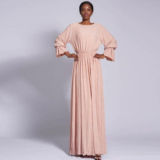 LUMAYA0434 Muslim Ladies Stretch Crumpled Sprinkle Gold Dress Solid Color Bell Sleeve Long Dress