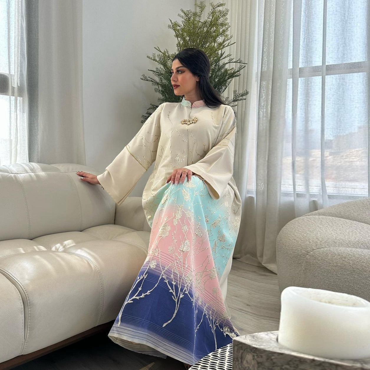 LM6645 Jacquard Embroidered Gradient Robe with Elegant Layered Design