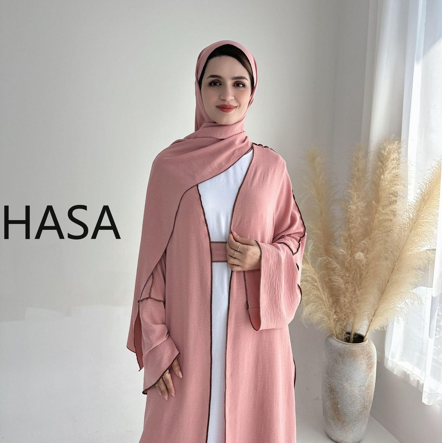 LMSA LM1246H 2 PCS SET Crepe Solid Color Loose Hem Cardigan Robe with Hijab