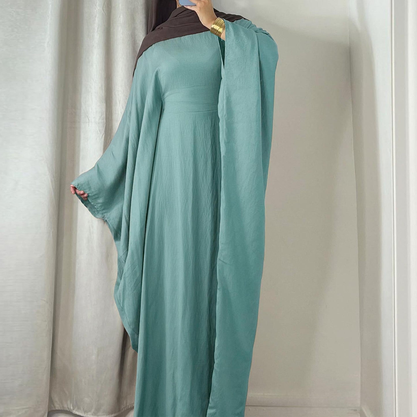 LUMAYA LUMAYA0997 Crepe Kaftan with Built-in Belt Waist Bat Sleeves Dress