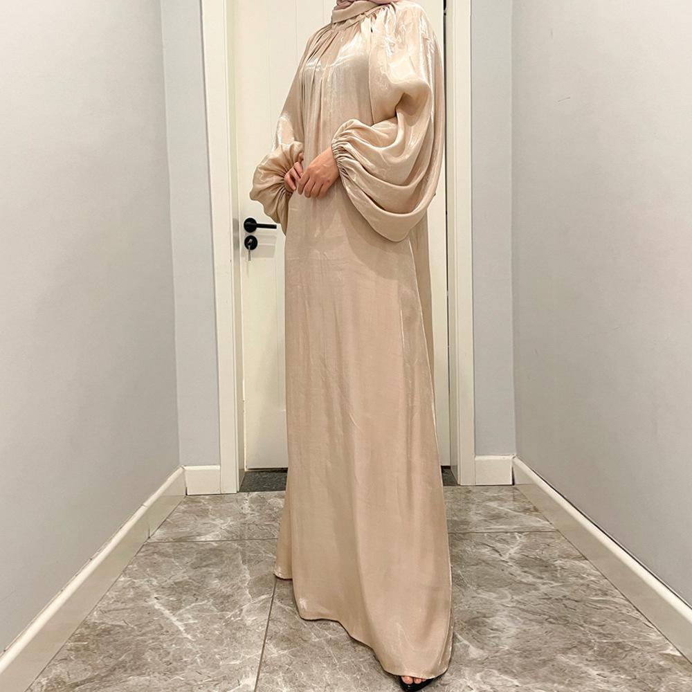 LUMAYA10043 LUMAYA  Large Lantern Sleeves Long Bright Silk Dress Stand Up Collar Back Tie Women's Dress Abaya